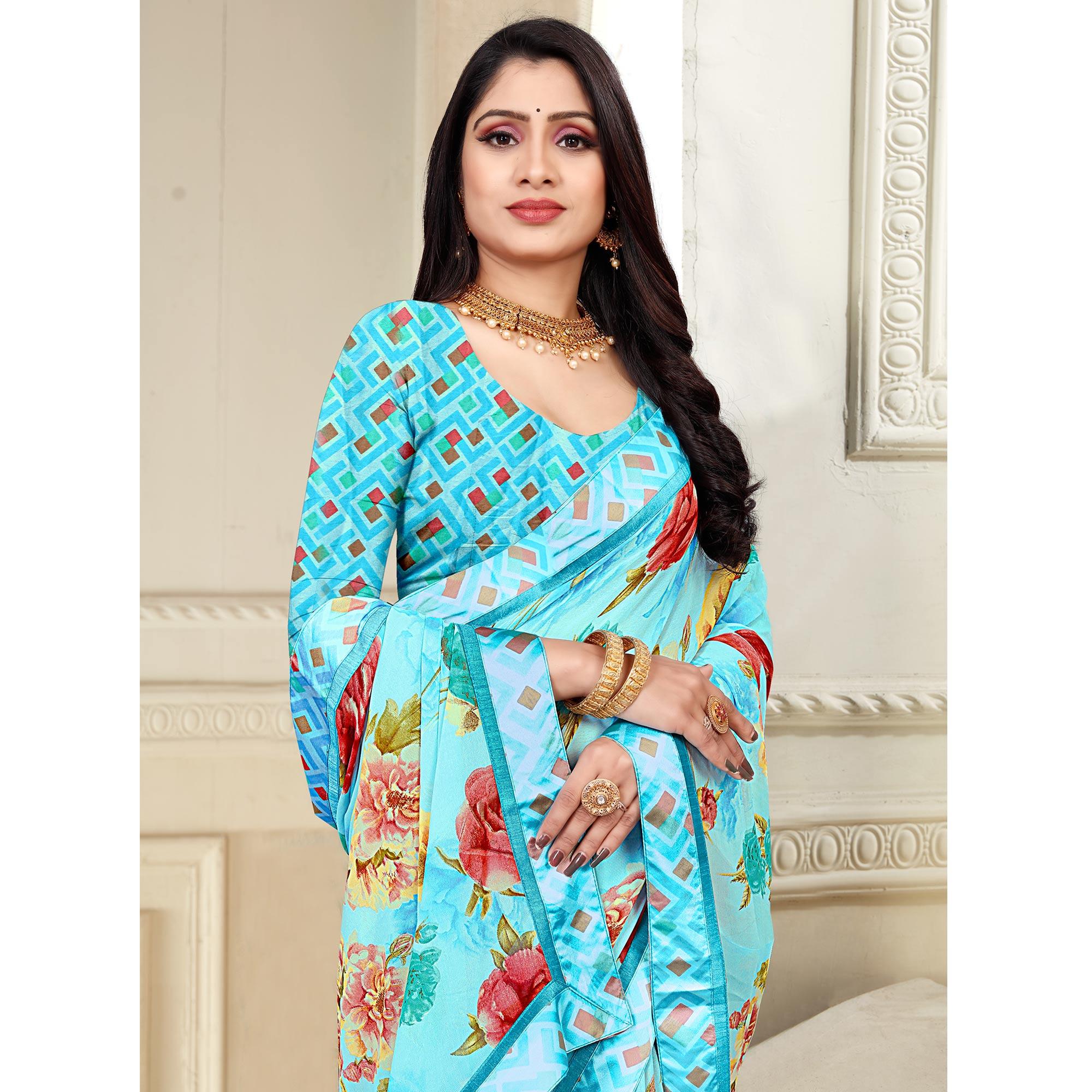 Blue Casaul Wear Floral Printed Georgette Saree With Satin Lace - Peachmode