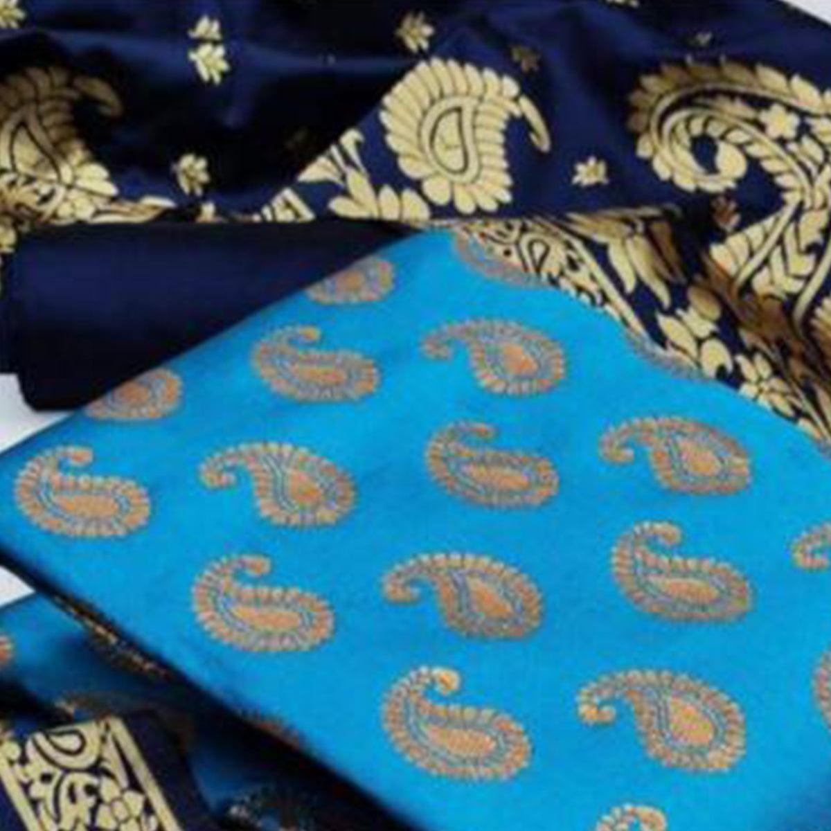 Blue Casaul Wear Woven Banarasi Silk Dress Material - Peachmode