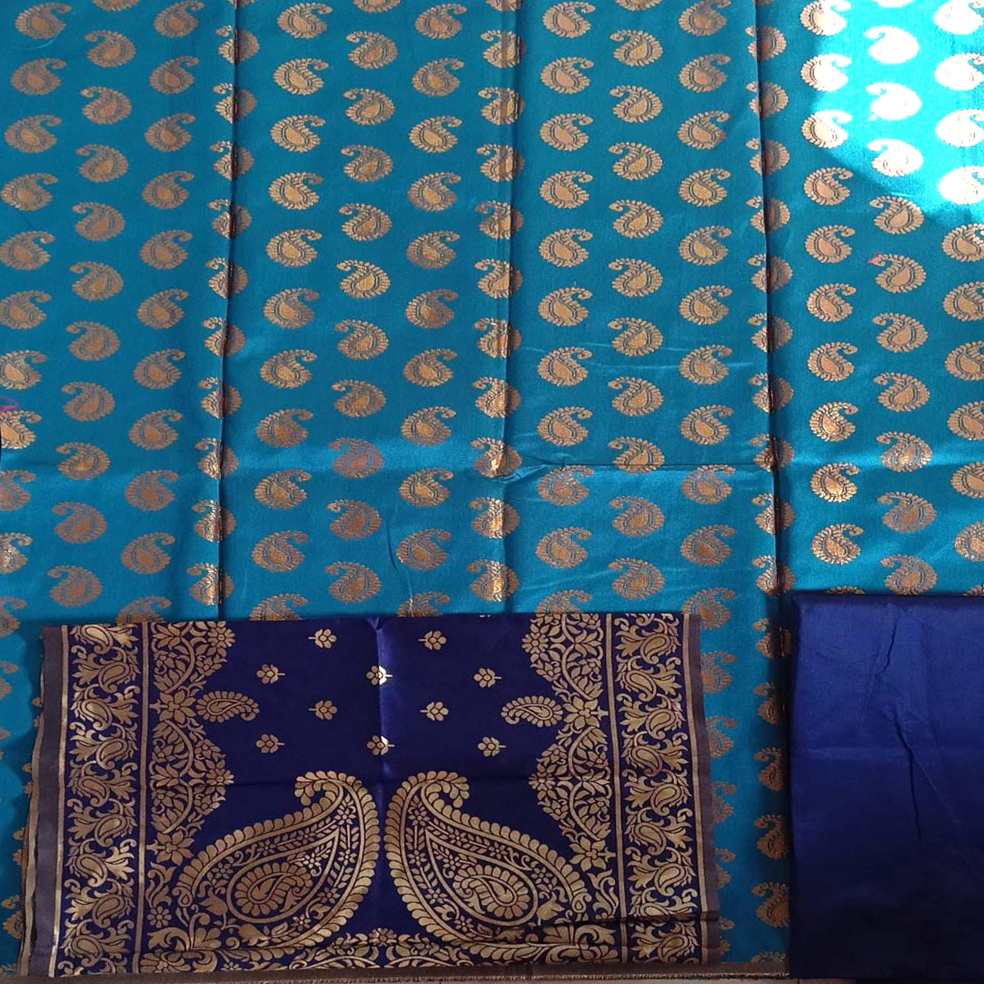 Blue Casaul Wear Woven Banarasi Silk Dress Material - Peachmode