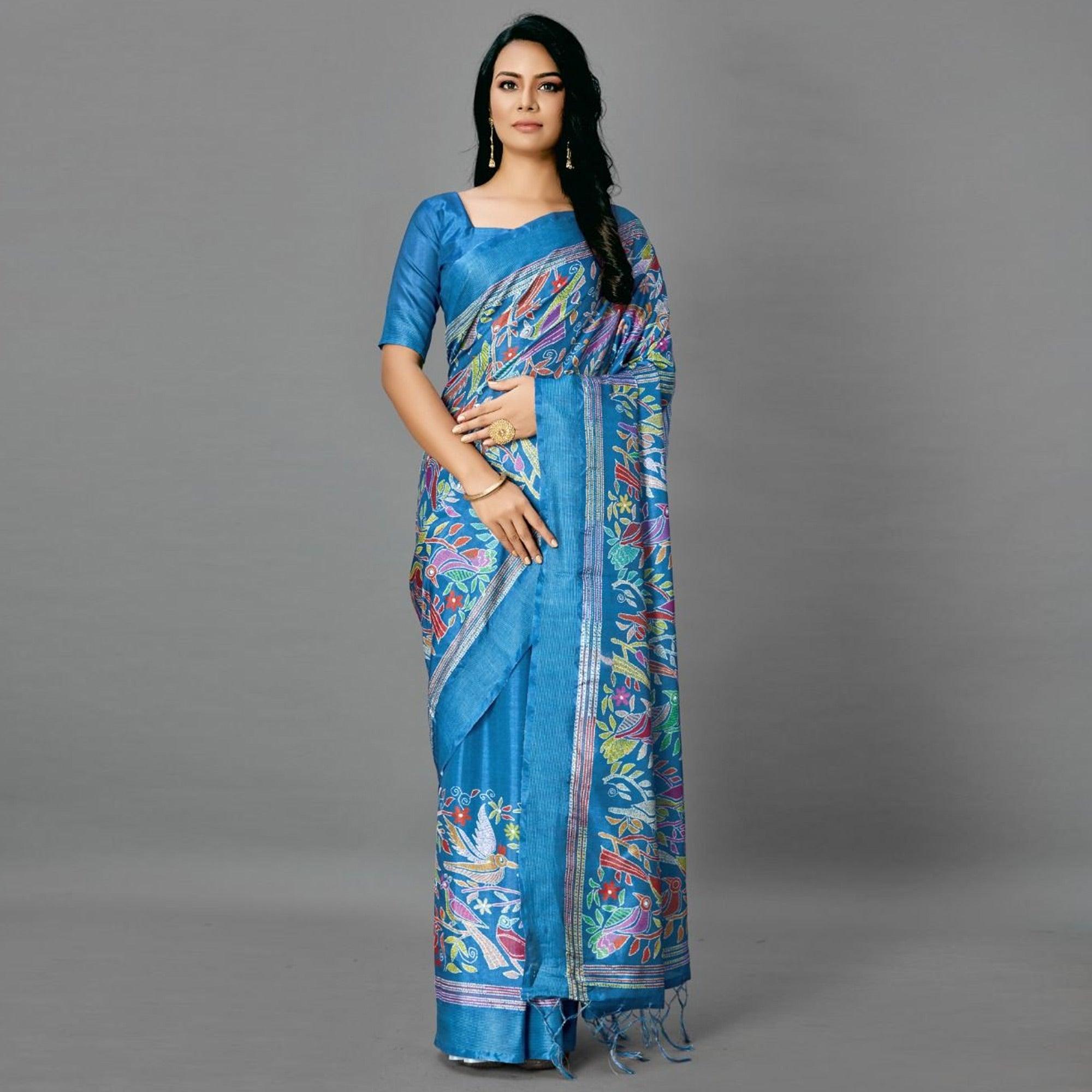 Blue Casual Art Silk Printed Saree With Unstitched Blouse - Peachmode