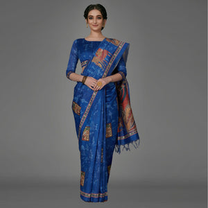 Blue Casual Art Silk Printed Saree With Unstitched Blouse - Peachmode
