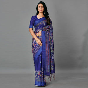 Blue Casual Art Silk Printed Saree With Unstitched Blouse - Peachmode
