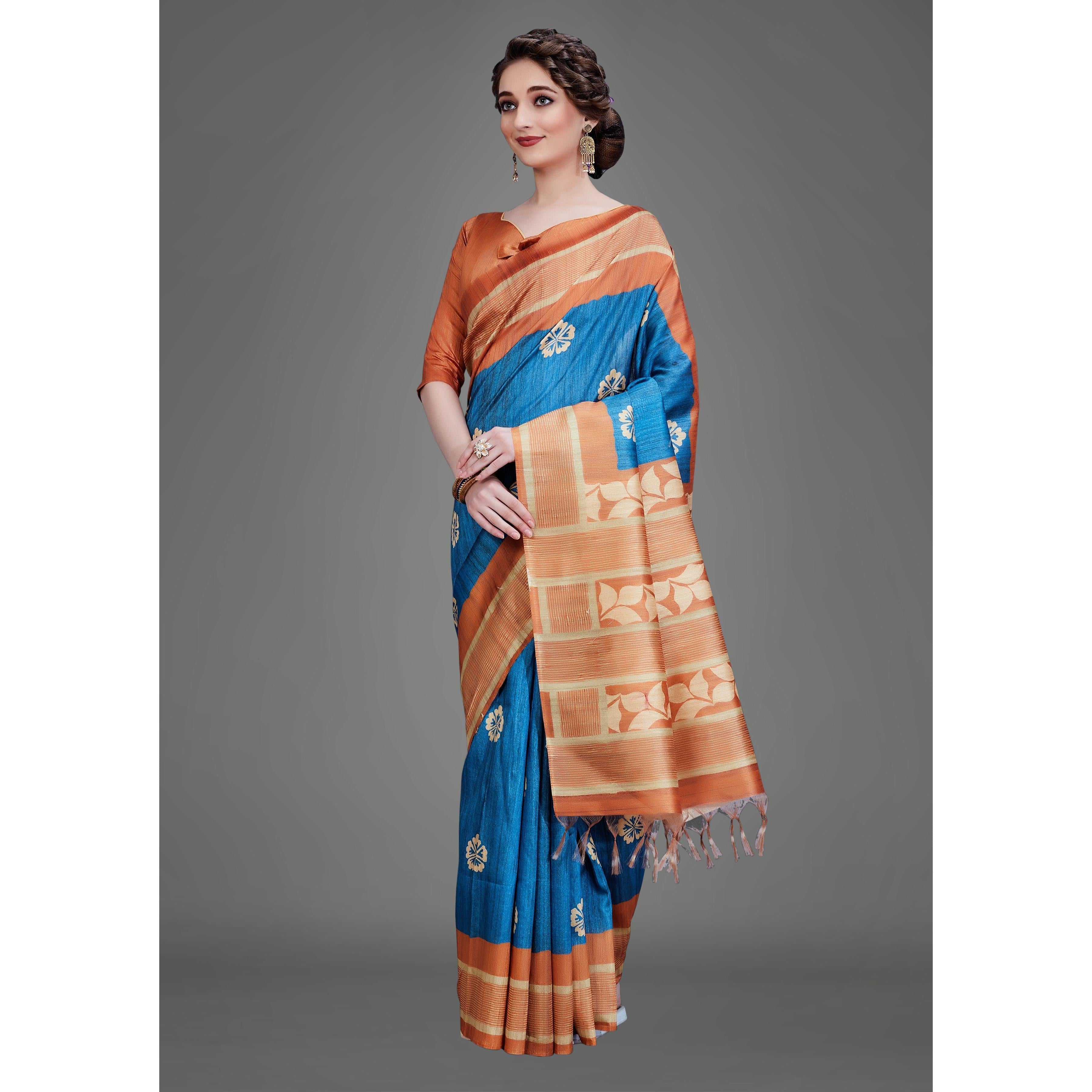 Blue Casual Art Silk Printed Saree With Unstitched Blouse - Peachmode