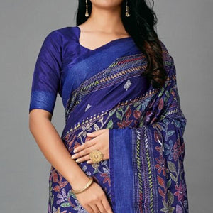 Blue Casual Art Silk Printed Saree With Unstitched Blouse - Peachmode