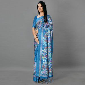 Blue Casual Art Silk Printed Saree With Unstitched Blouse - Peachmode