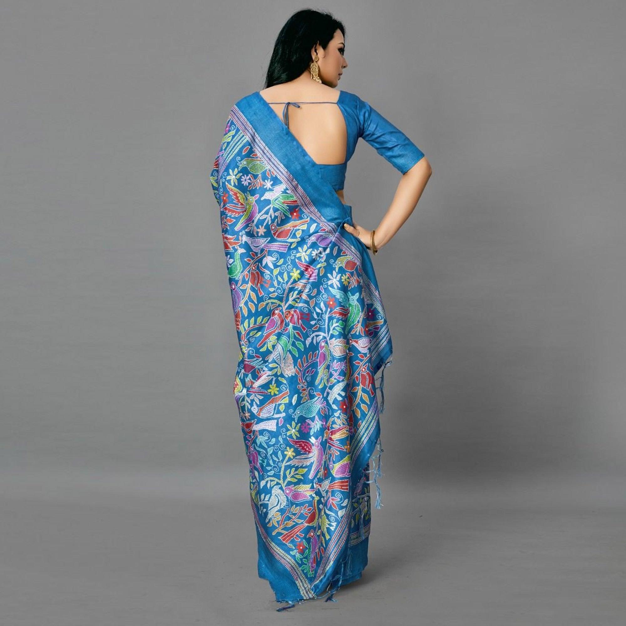 Blue Casual Art Silk Printed Saree With Unstitched Blouse - Peachmode