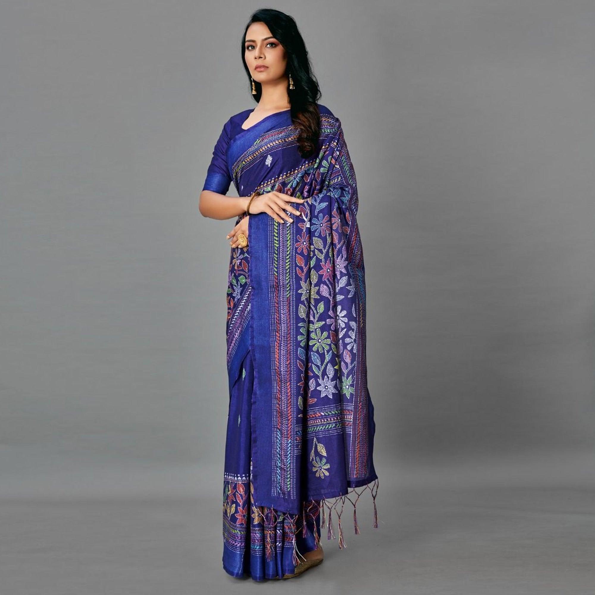 Blue Casual Art Silk Printed Saree With Unstitched Blouse - Peachmode