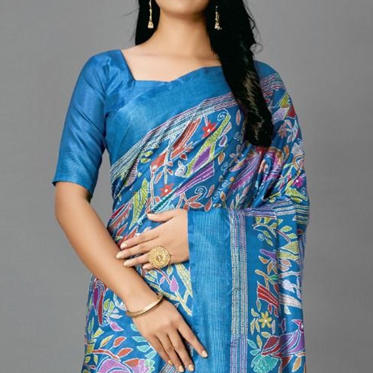 Blue Casual Art Silk Printed Saree With Unstitched Blouse - Peachmode