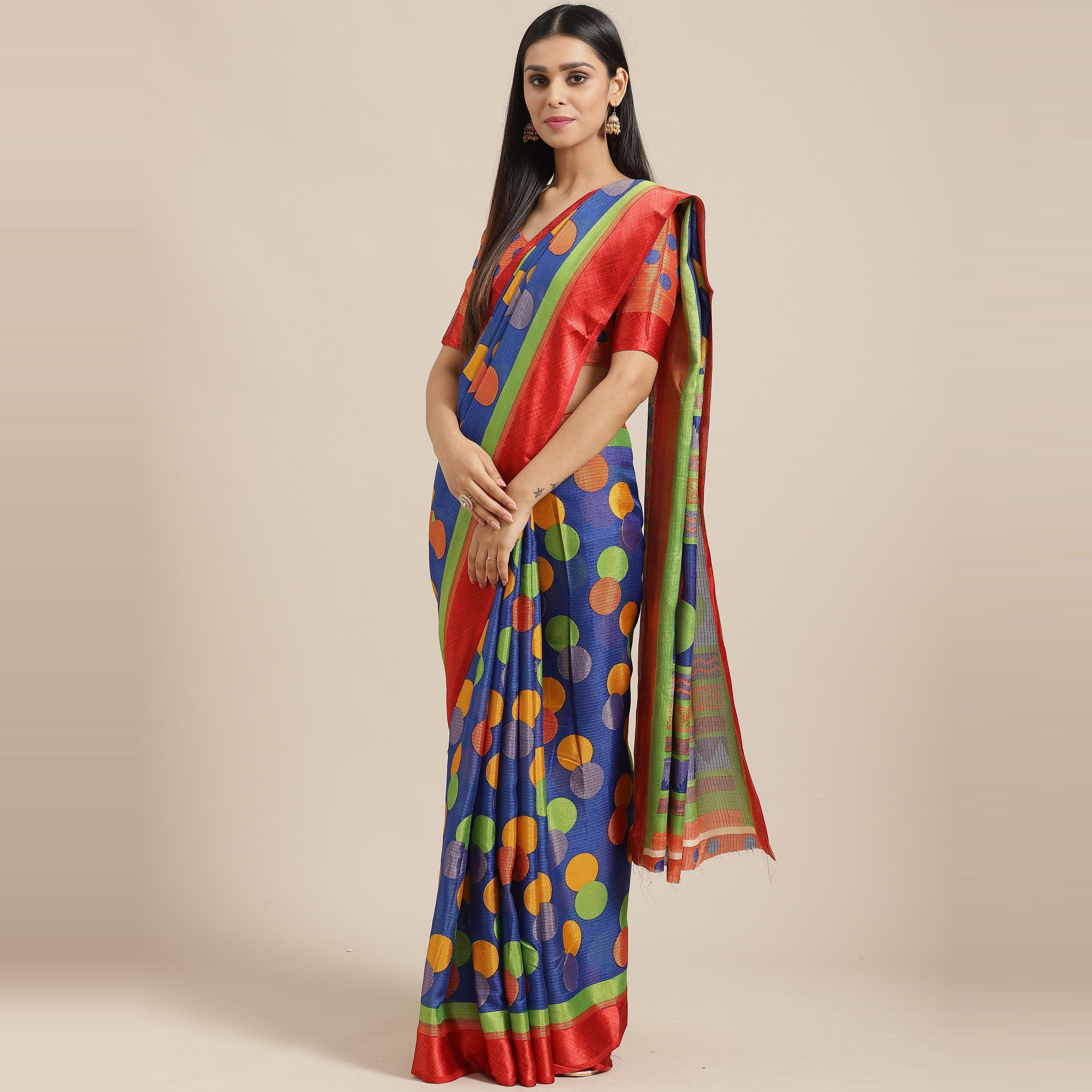 Blue Casual Brasso Printed Saree With Unstitched Blouse - Peachmode
