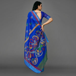 Blue Casual Cotton Printed Saree With Unstitched Blouse - Peachmode