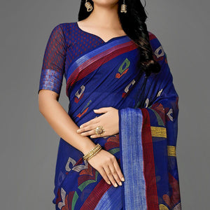 Blue Casual Cotton Printed Saree With Unstitched Blouse - Peachmode