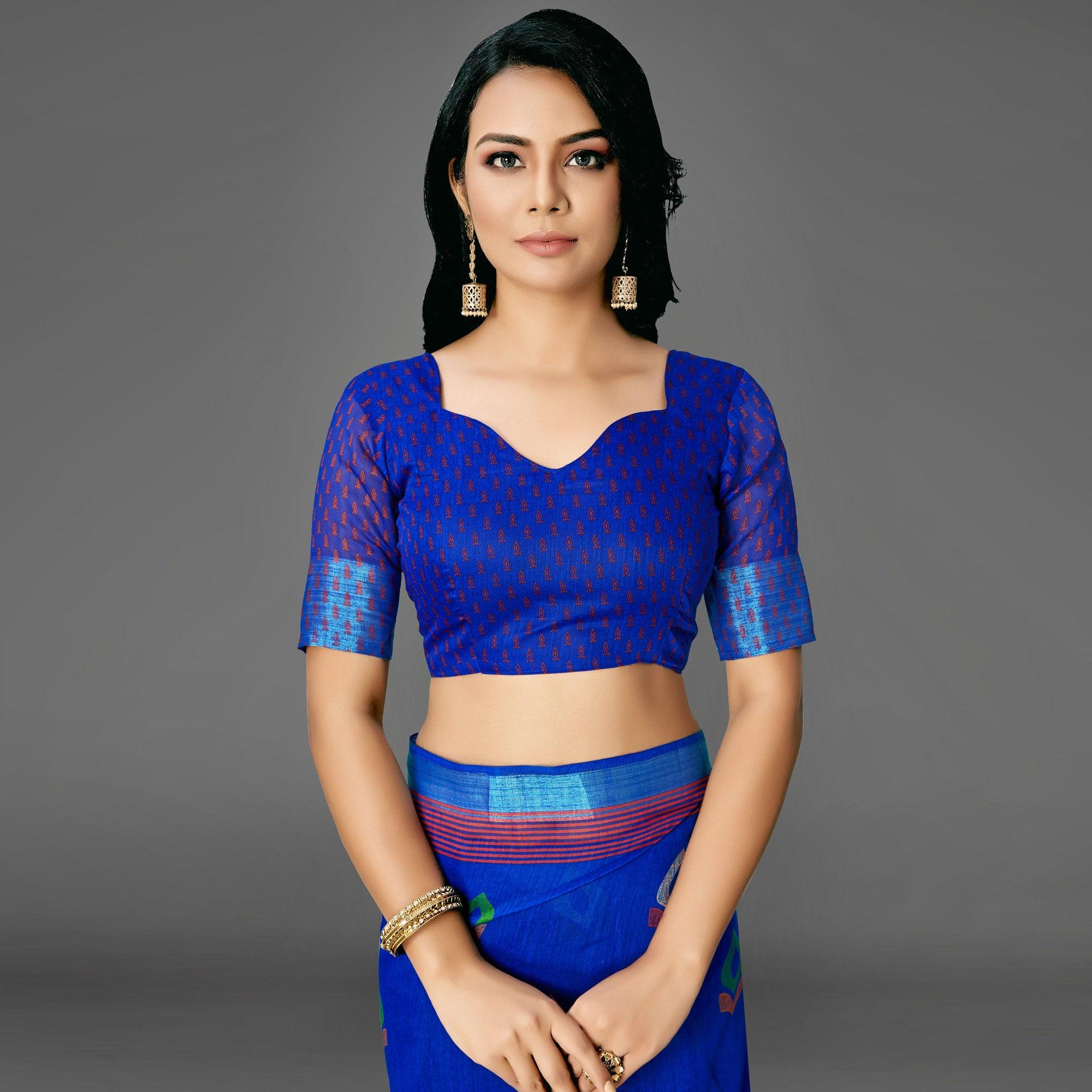 Blue Casual Cotton Printed Saree With Unstitched Blouse - Peachmode