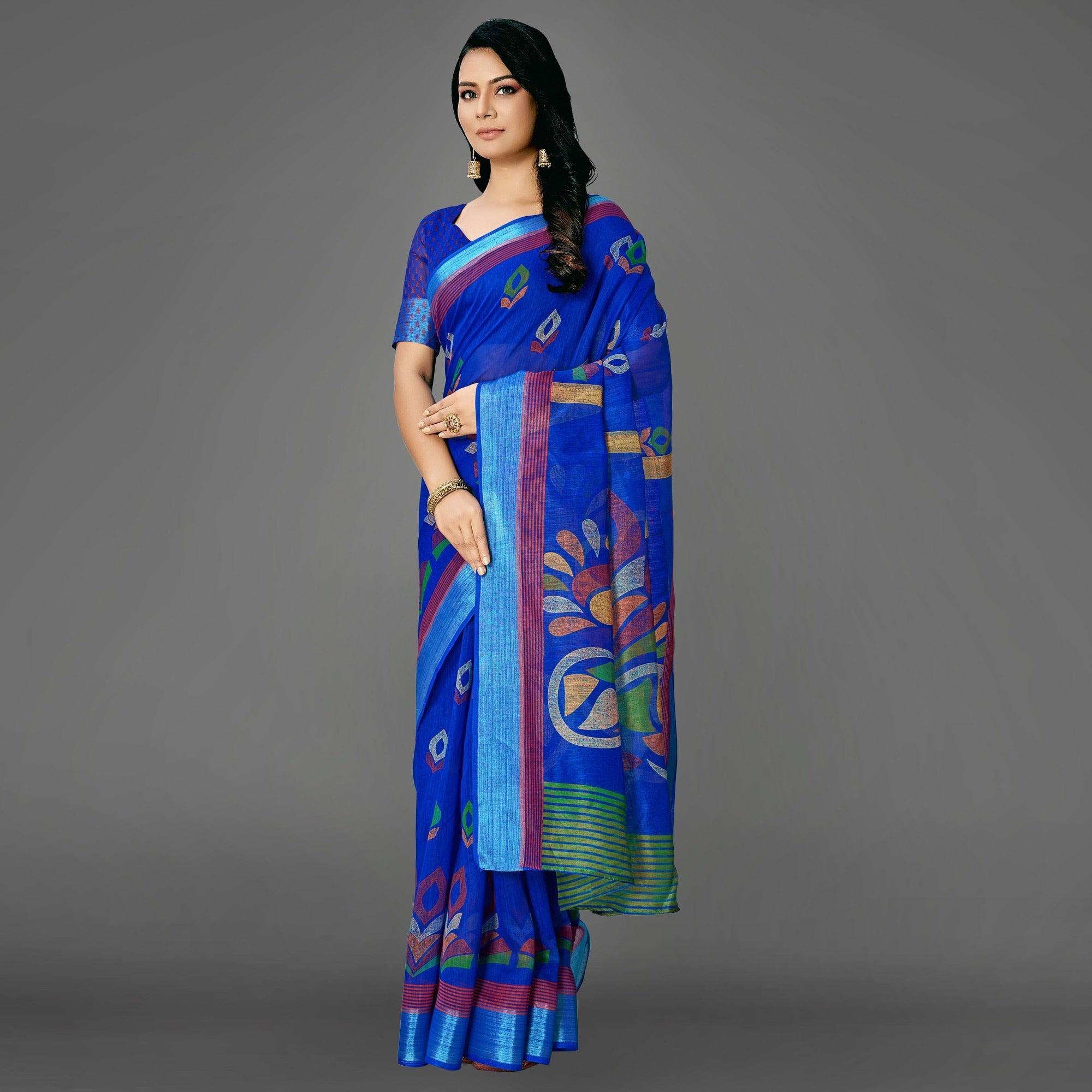 Blue Casual Cotton Printed Saree With Unstitched Blouse - Peachmode