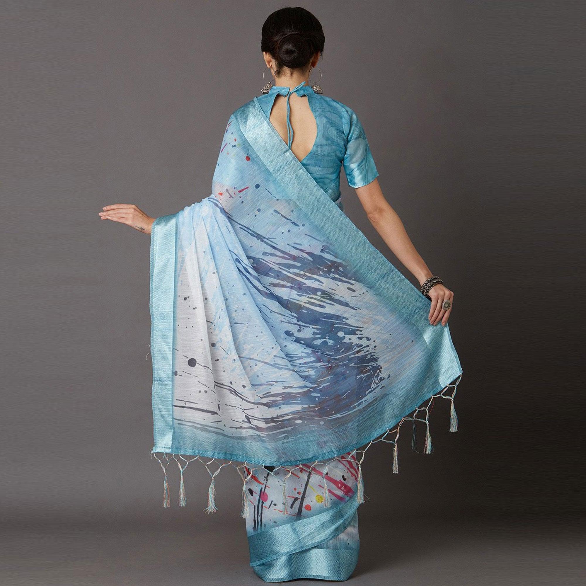 Blue Casual Linen Blend Printed Saree With Unstitched Blouse - Peachmode
