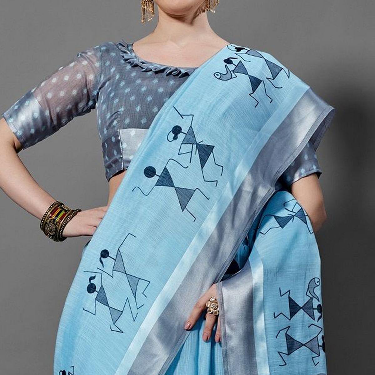 Blue Casual Linen Printed Saree With Unstitched Blouse - Peachmode