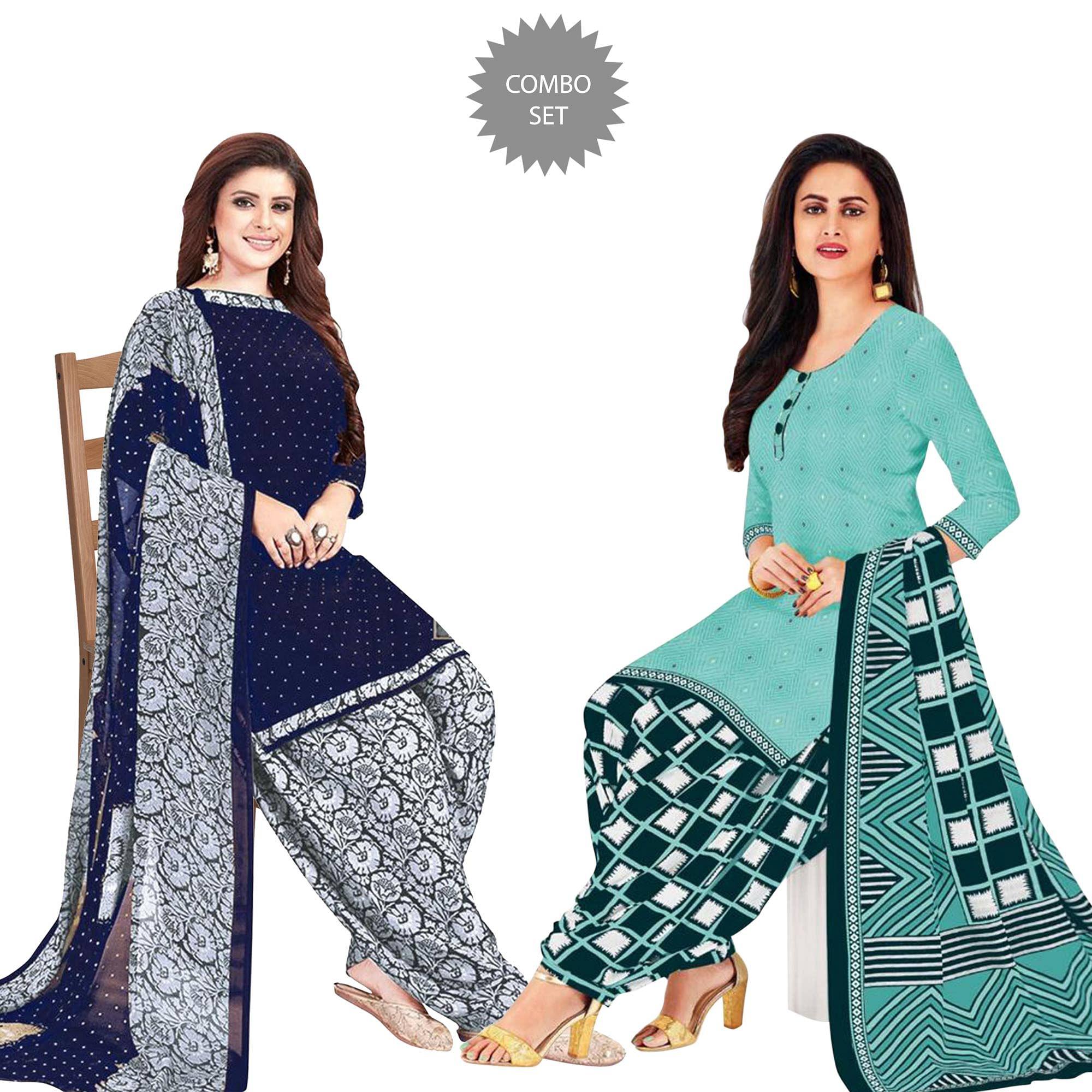 Blue Casual Printed Leon Dress Material Pack Of 2 - Peachmode