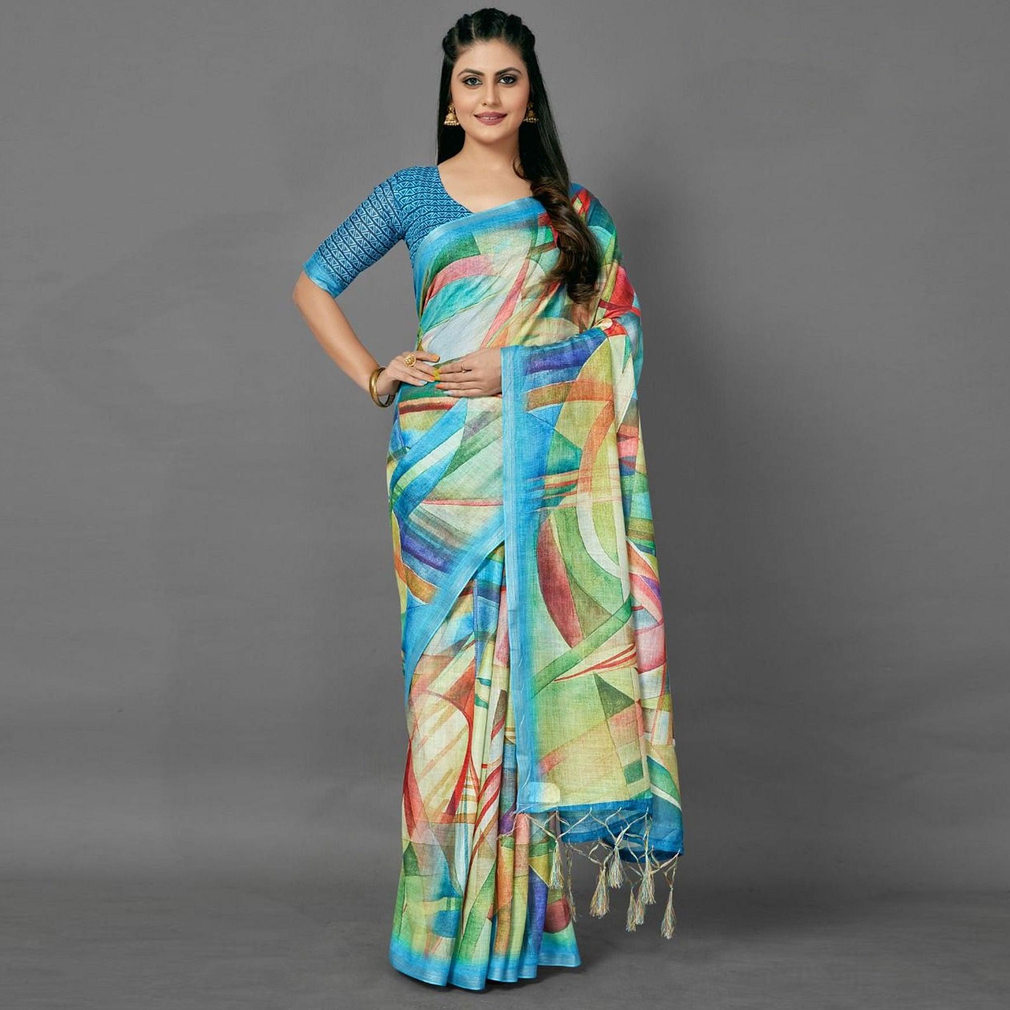 Blue Casual Pure Linen Digital Print Saree With Unstitched Blouse - Peachmode