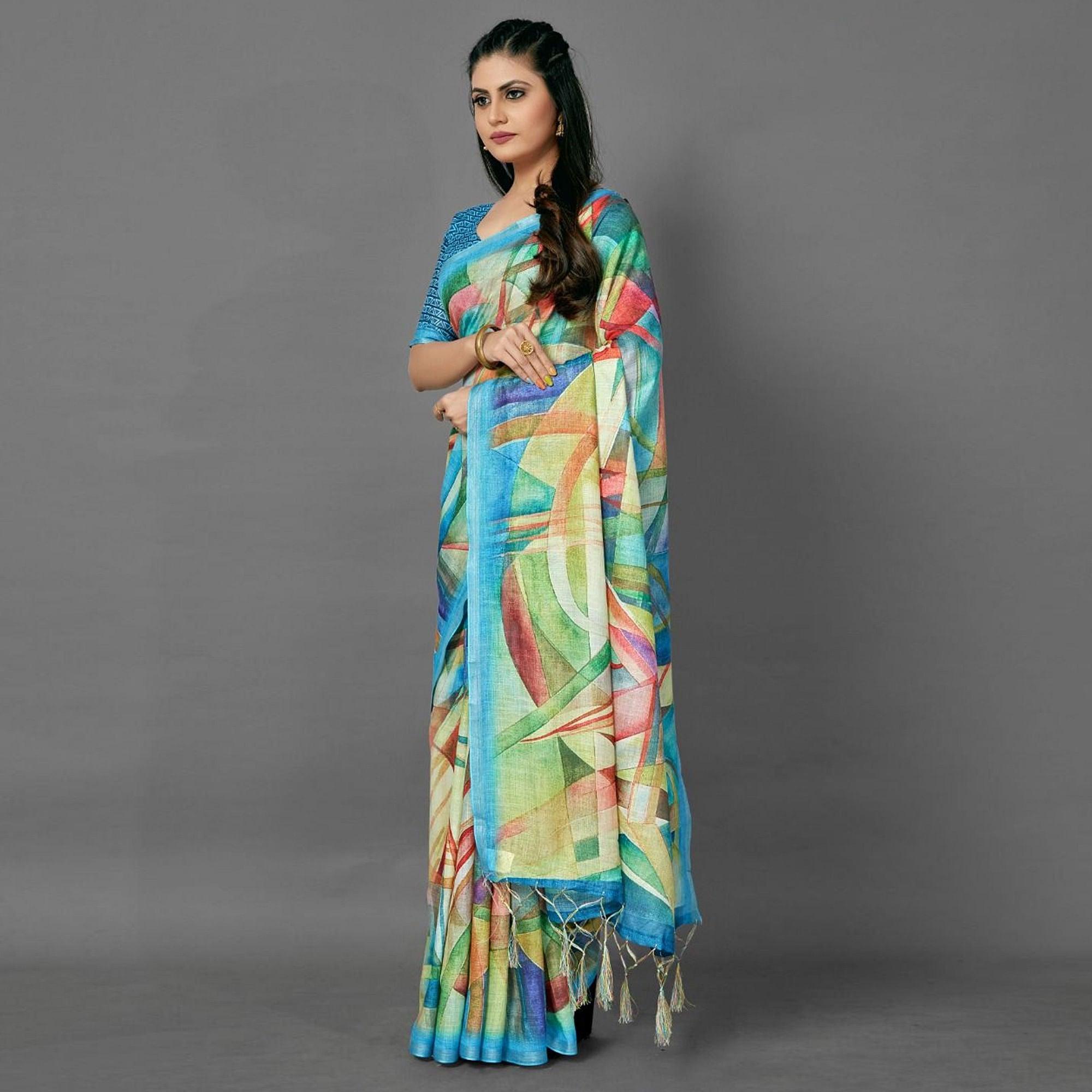 Blue Casual Pure Linen Digital Print Saree With Unstitched Blouse - Peachmode