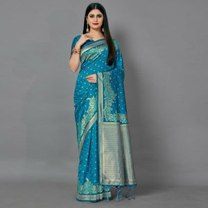 Blue Casual Silk Blend Printed Saree With Unstitched Blouse - Peachmode