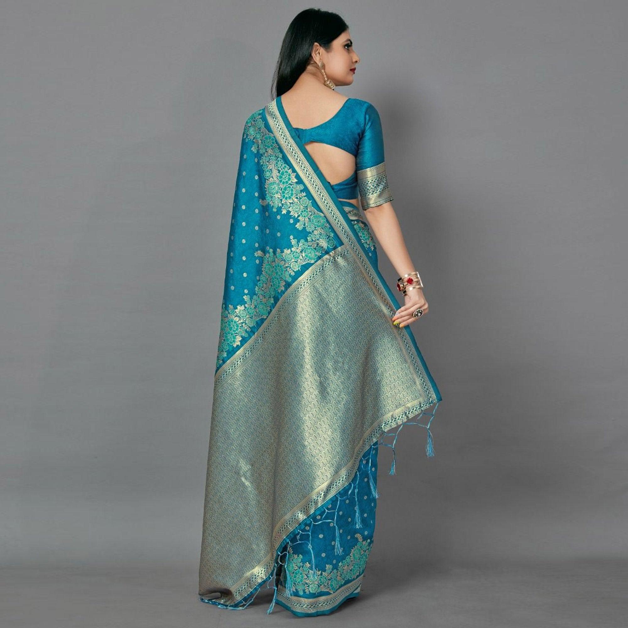 Blue Casual Silk Blend Printed Saree With Unstitched Blouse - Peachmode