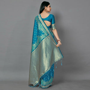Blue Casual Silk Blend Printed Saree With Unstitched Blouse - Peachmode