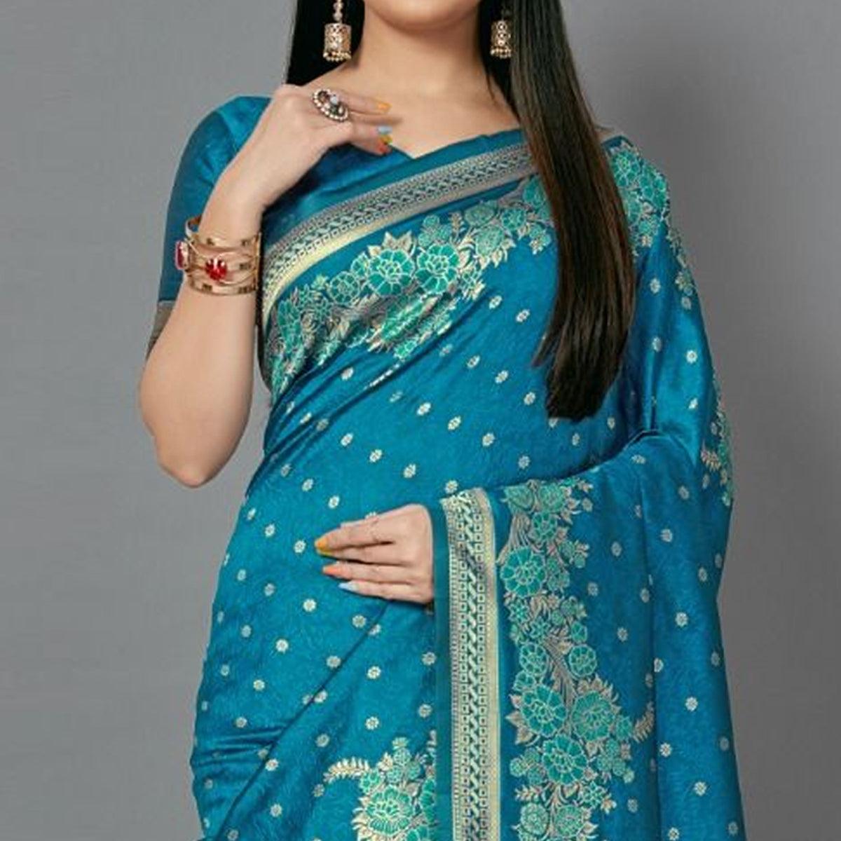 Blue Casual Silk Blend Printed Saree With Unstitched Blouse - Peachmode
