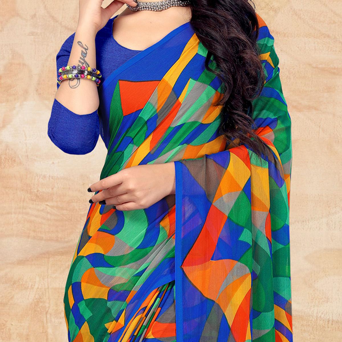 Blue Casual Wear Abstract Printed Chiffon Saree - Peachmode