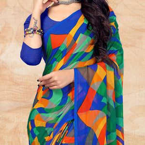 Blue Casual Wear Abstract Printed Chiffon Saree - Peachmode