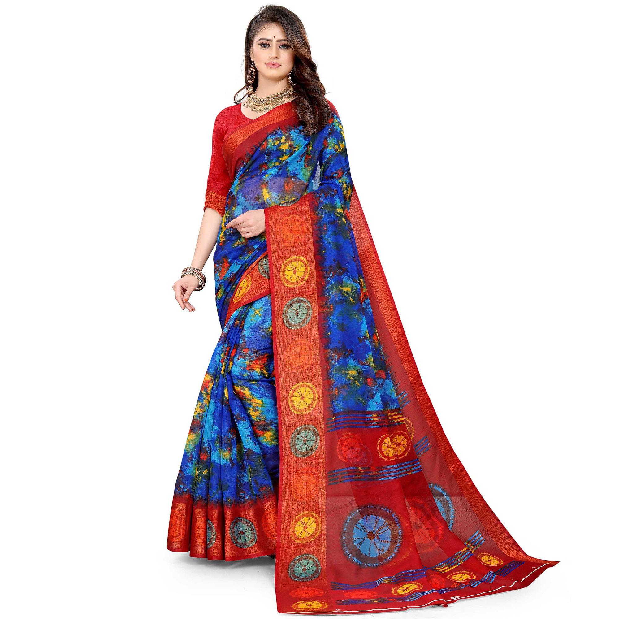 Blue Casual Wear Abstract Printed Cotton Linen Saree - Peachmode