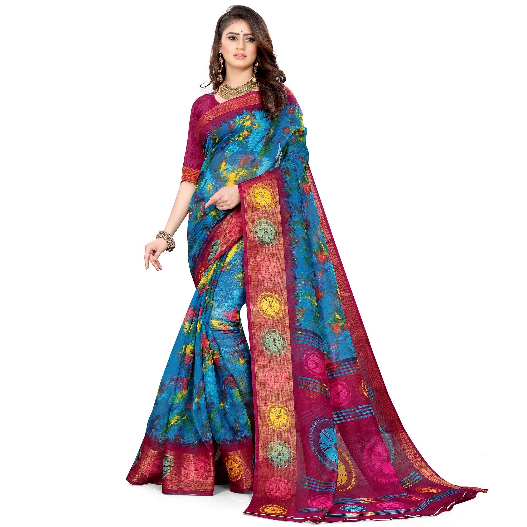 Blue Casual Wear Abstract Printed Cotton Linen Saree - Peachmode