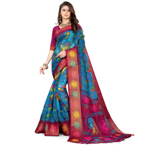 Blue Casual Wear Abstract Printed Cotton Linen Saree - Peachmode