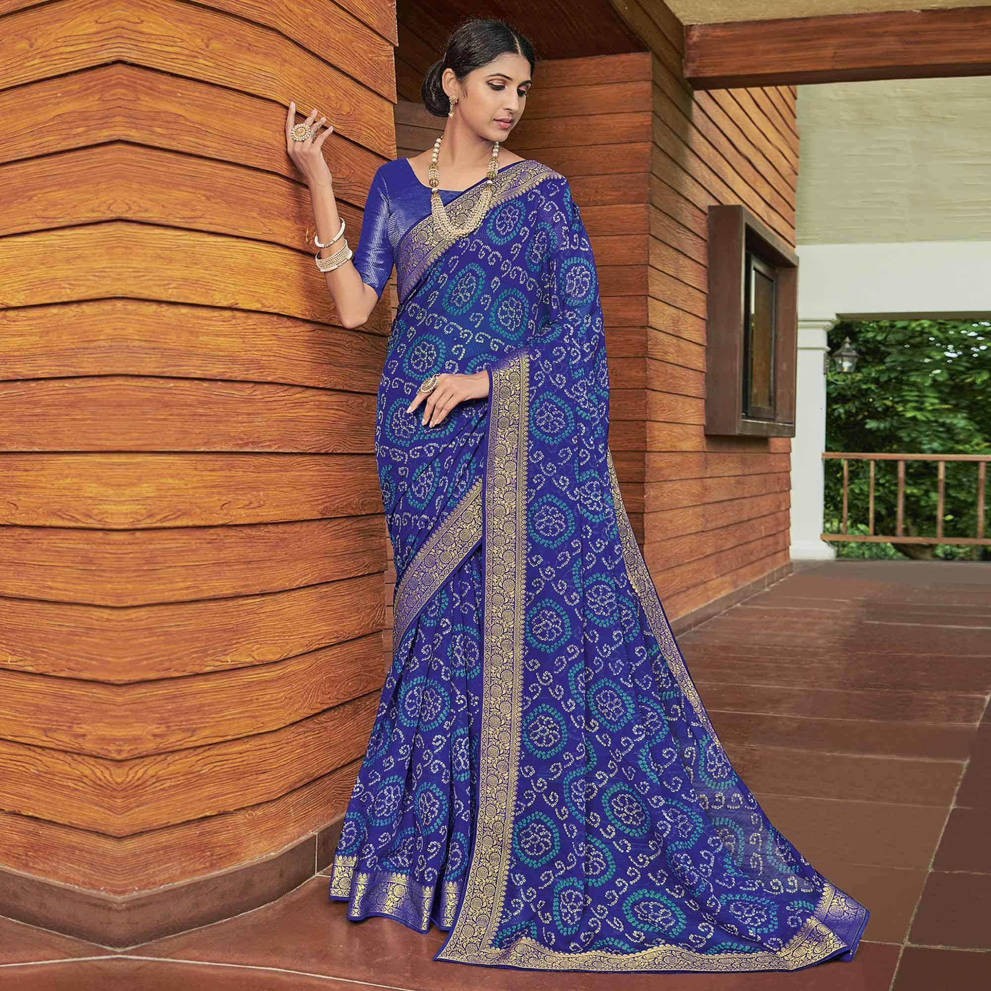 Blue Casual Wear Bandhani Printed Chiffon Saree - Peachmode