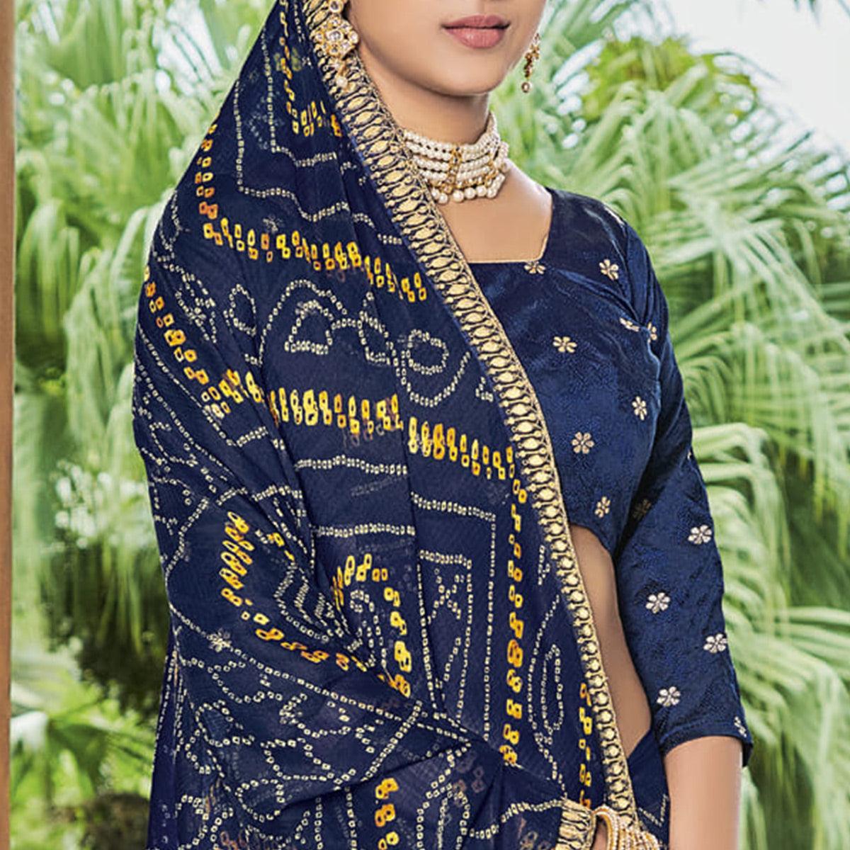Blue Casual Wear Bandhani Printed Chiffon Saree - Peachmode