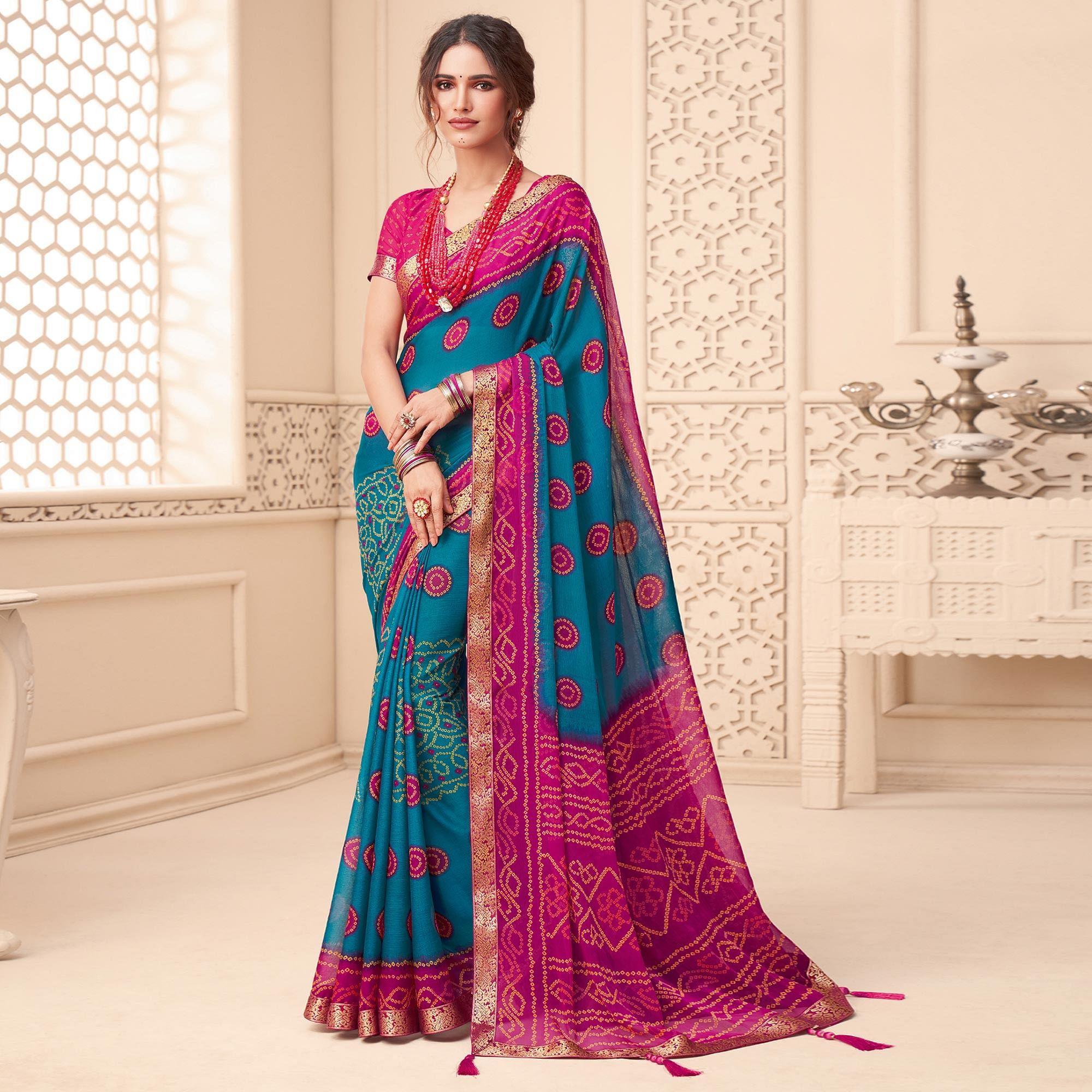 Blue Casual Wear Bandhani Printed Chiffon Saree With Tassels - Peachmode