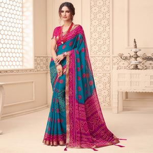 Blue Casual Wear Bandhani Printed Chiffon Saree With Tassels - Peachmode