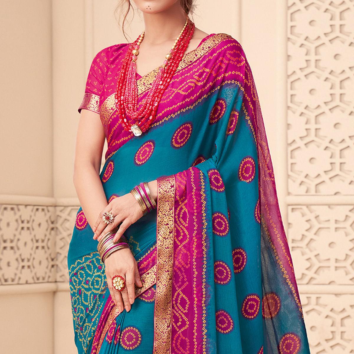 Blue Casual Wear Bandhani Printed Chiffon Saree With Tassels - Peachmode