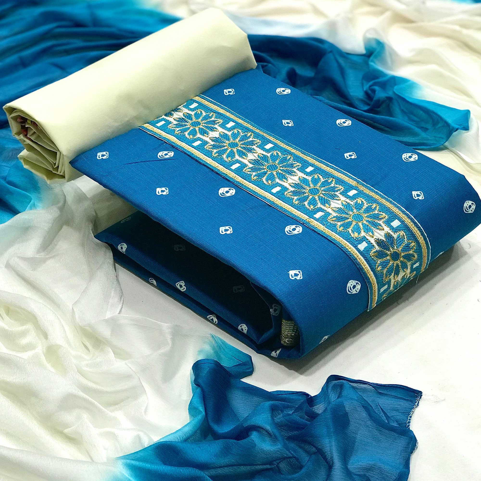 Blue Casual Wear Bandhani Printed Cotton Dress Material - Peachmode