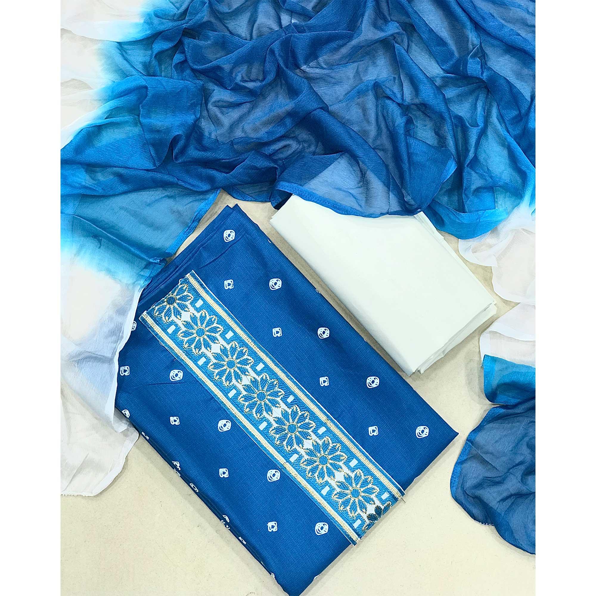 Blue Casual Wear Bandhani Printed Cotton Dress Material - Peachmode