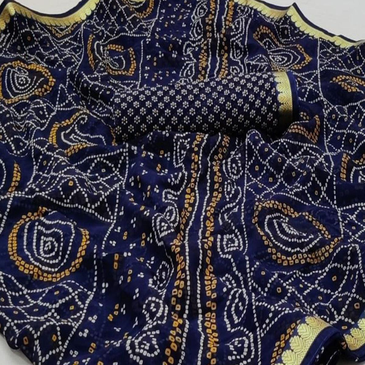 Blue Casual Wear Bandhani Printed Georgette Saree With Fancy Lace - Peachmode