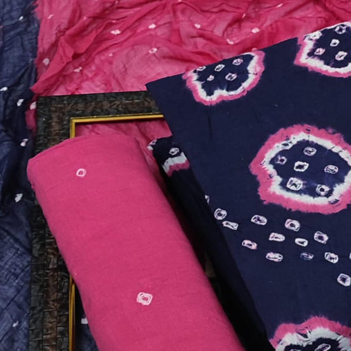 Blue Casual Wear Bandhani Printed Pure Cotton Dress Material - Peachmode