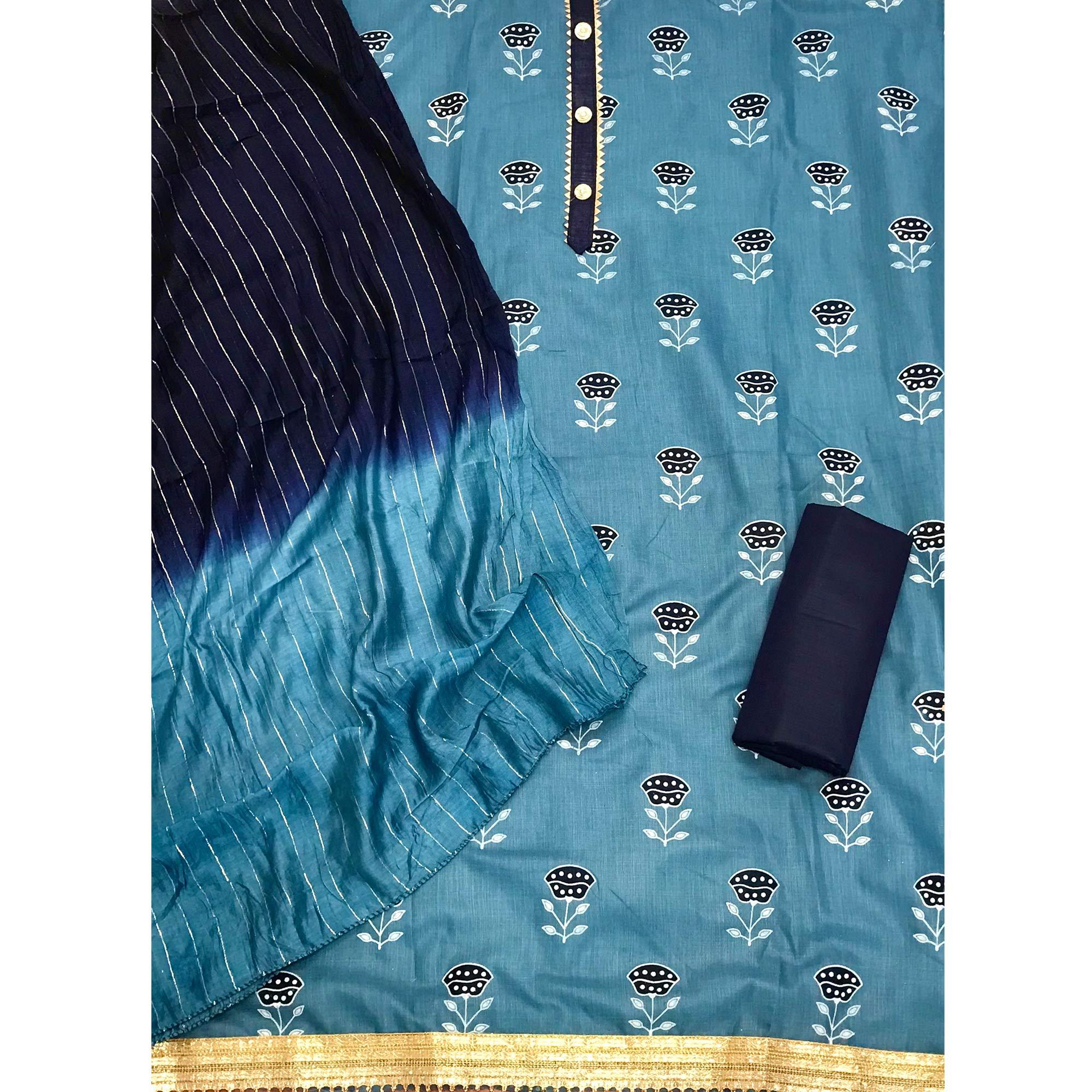 Blue Casual Wear Block Printed Cotton Dress Material - Peachmode