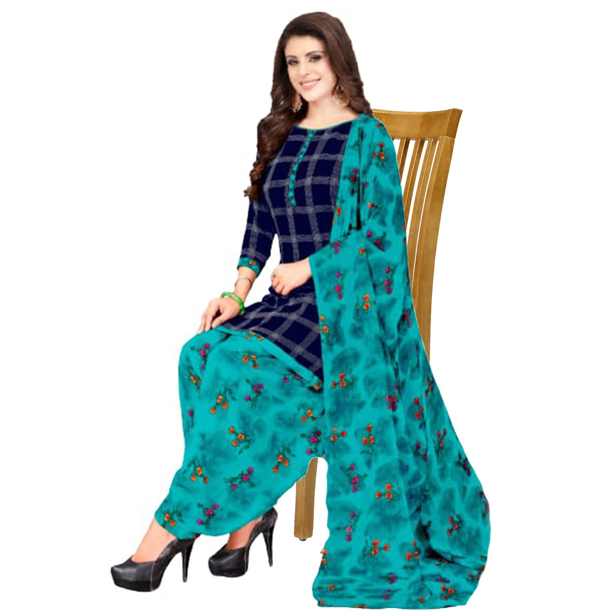 Blue Casual Wear Checks Printed Leon Patiala Dress Material - Peachmode