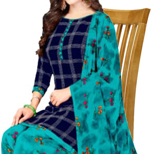 Blue Casual Wear Checks Printed Leon Patiala Dress Material - Peachmode