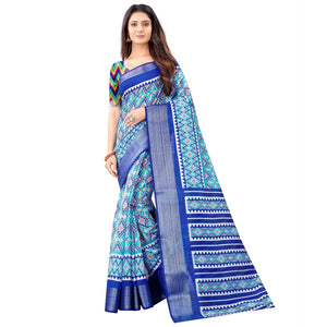 Blue Casual Wear Designer Hand Block Printed Cotton Linen Saree - Peachmode