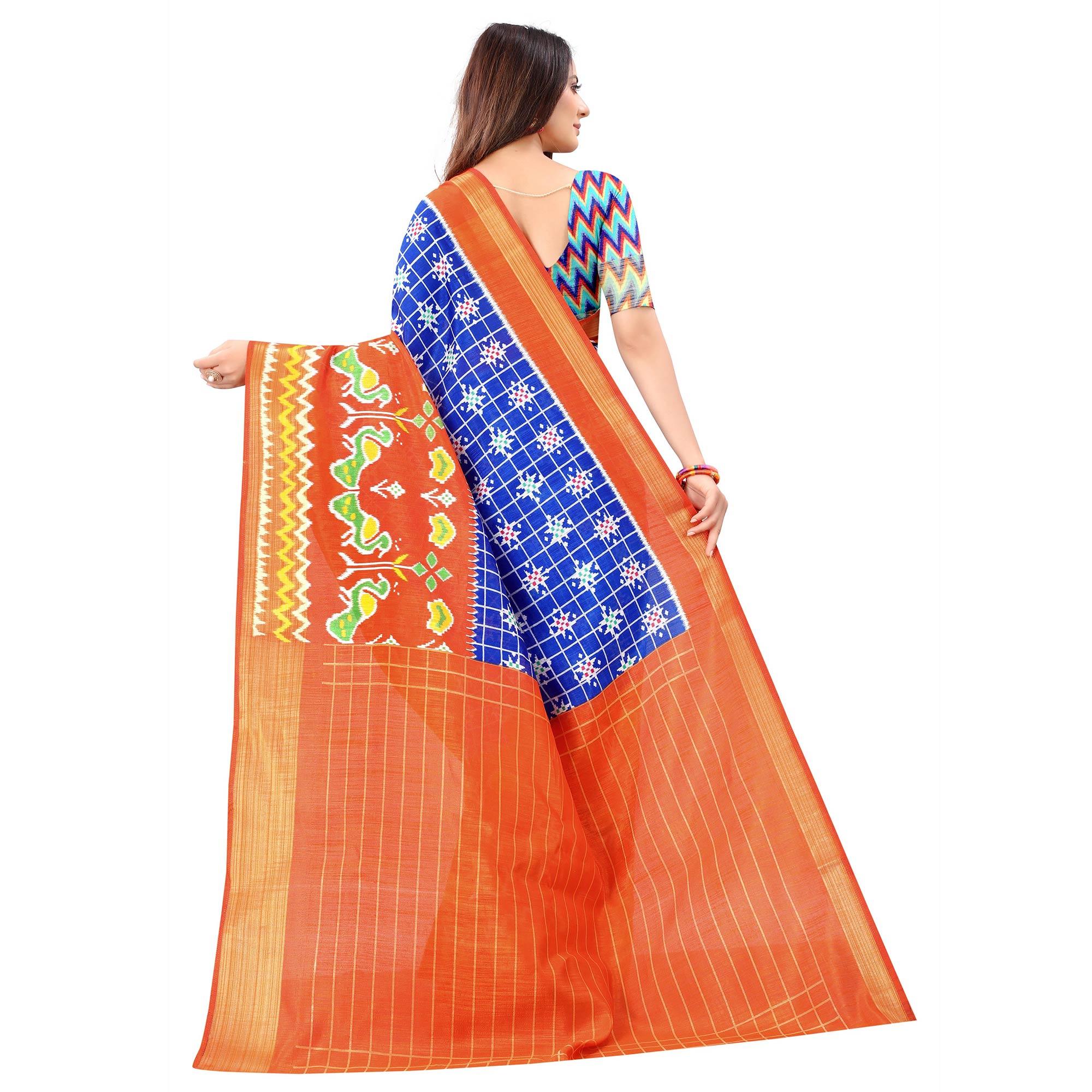 Blue Casual Wear Designer Hand Block Printed Cotton Linen Saree - Peachmode