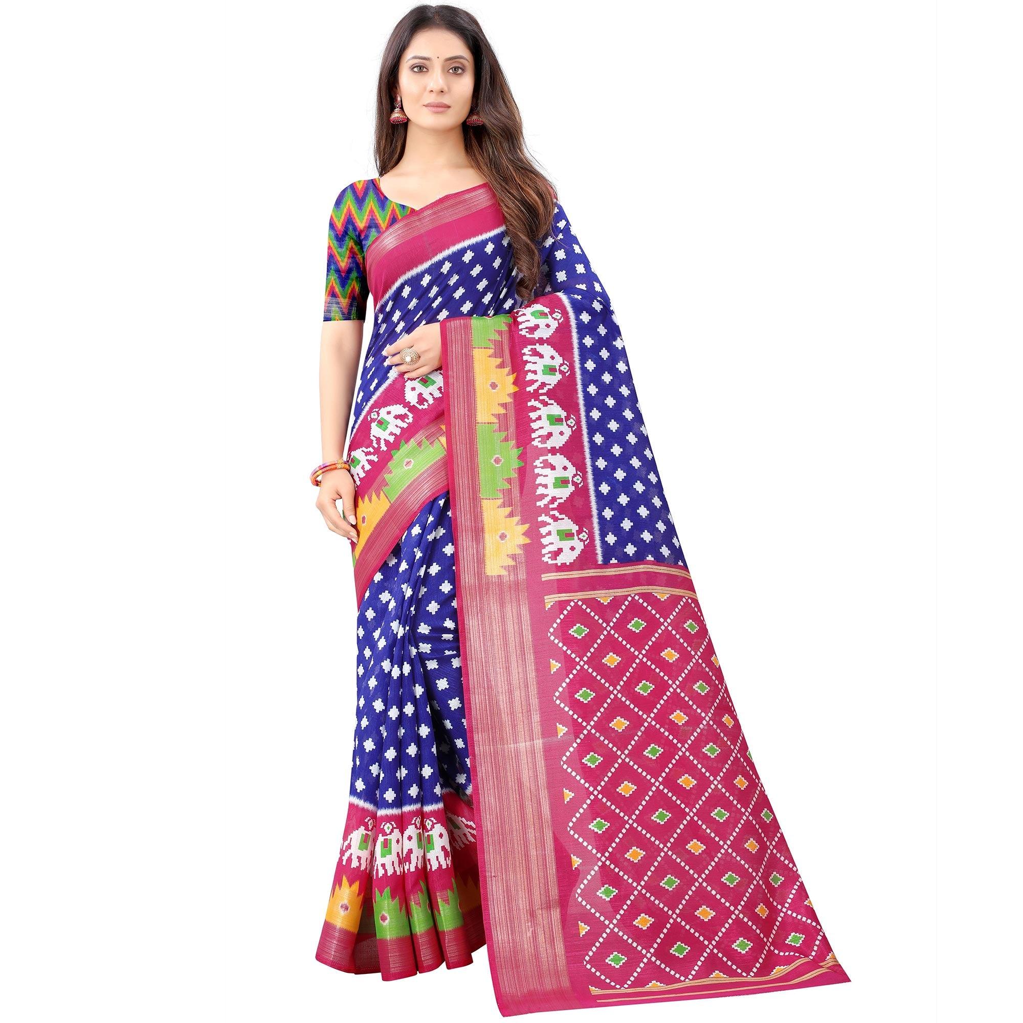 Blue Casual Wear Designer Hand Block Printed Cotton Linen Saree - Peachmode