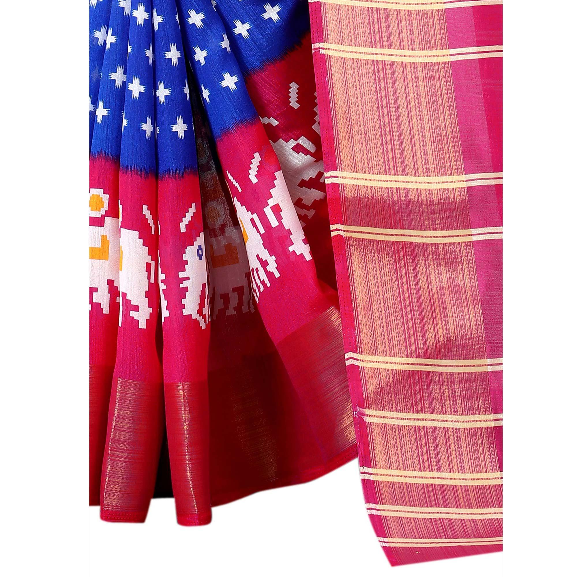 Blue Casual Wear Designer Hand Block Printed Cotton Linen Saree - Peachmode