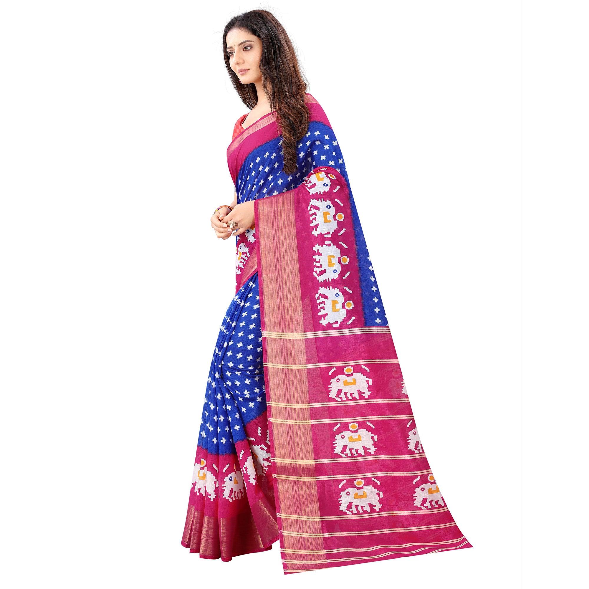 Blue Casual Wear Designer Hand Block Printed Cotton Linen Saree - Peachmode
