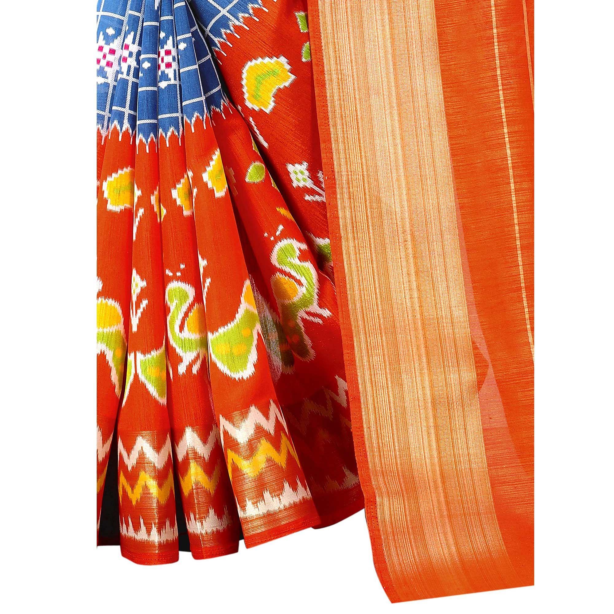 Blue Casual Wear Designer Hand Block Printed Cotton Linen Saree - Peachmode
