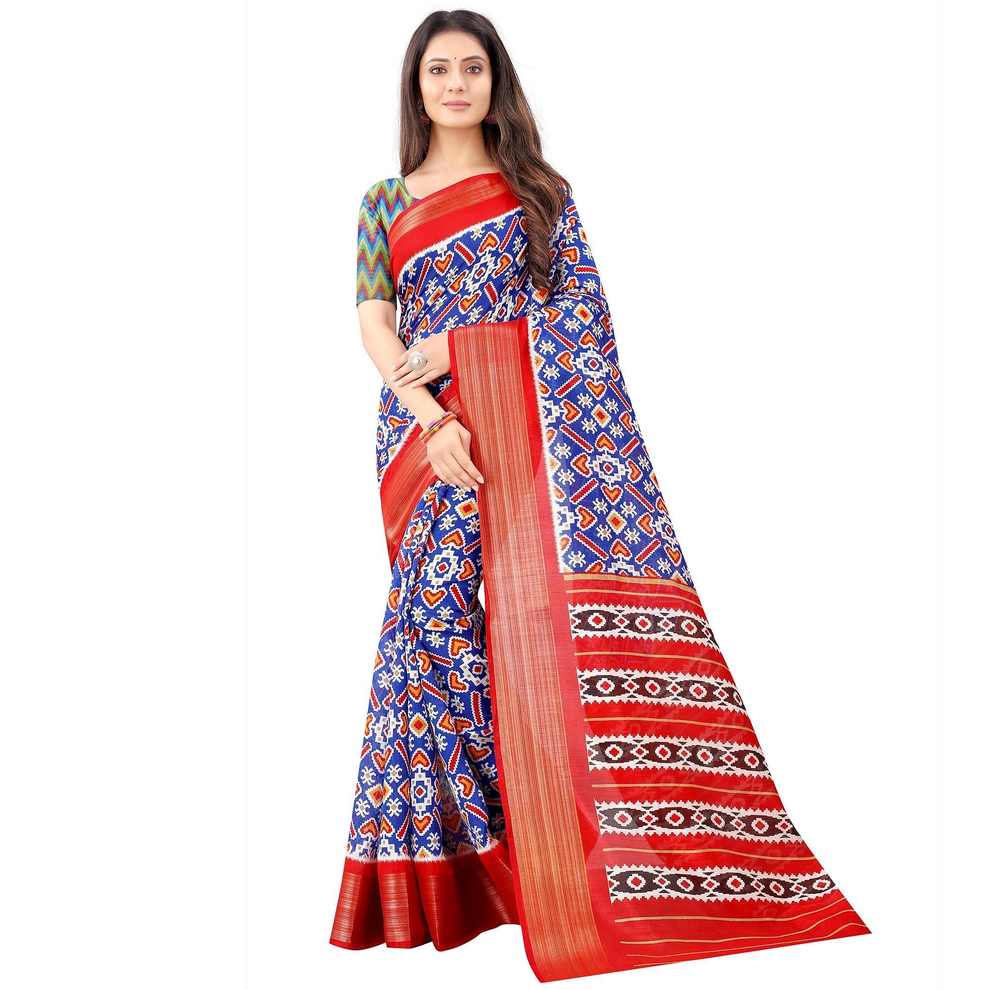 Blue Casual Wear Designer Hand Block Printed Cotton Linen Saree - Peachmode